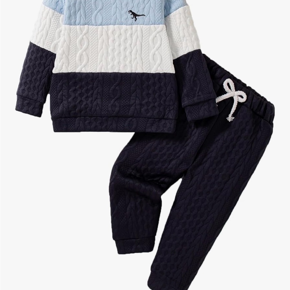 Kids Colorblock Cable-Knit Sweater & Jogger Set - Navy/White/Light Blue